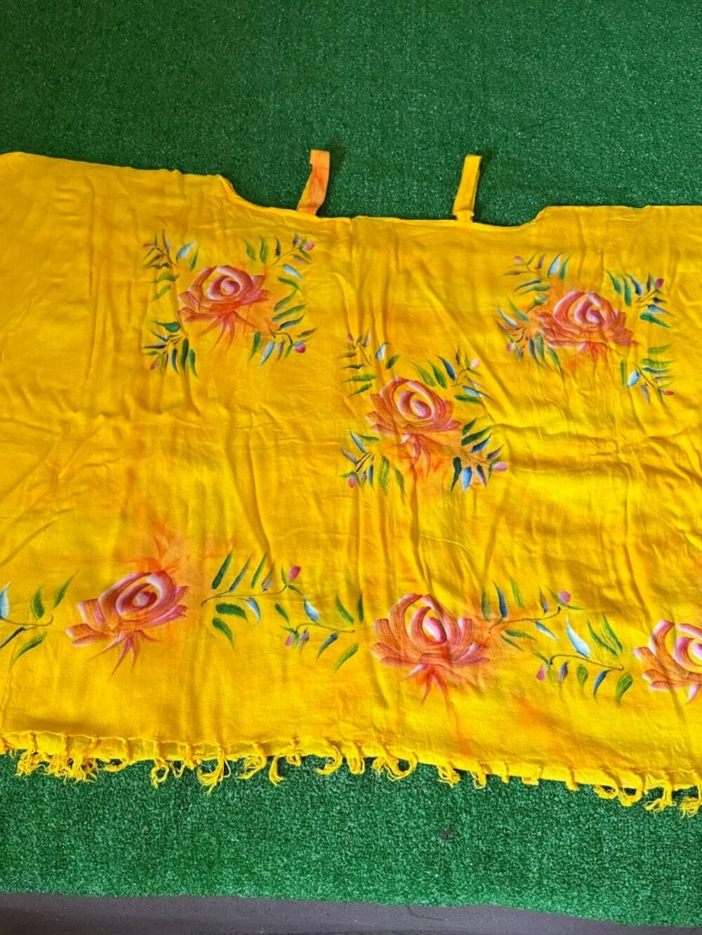 Tropical Batik Lightweight Yellow Dress Fringe Kaftan Beach Cover Up Strappy OS